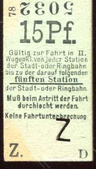 Fahrkarte Stadtbahn Berlin Bahnhof Zoo 15 Pfennig bis zur 5. Station
