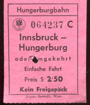 Fahrschein Hungerburgbahn Innsbruck S 2,50