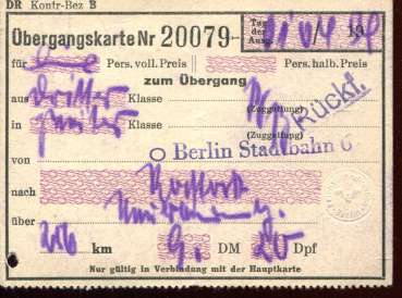 DR Übergangskarte von dritter in zweiter Klasse  Berlin Stadtbahn 1954