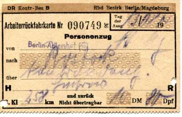 Arbeiterrückfahrkarte  Berlin Adlershof – Rostock 3. Klasse