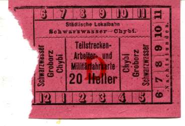 Fahrschein Städtische Lokalbahn Schwarzwasser – Chybi 20 Heller