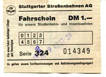 Fahrschein Straßenbahn Stuttgart 1 DM
