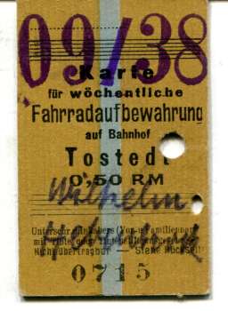 Aufbewahrungskarte für Fahrrad Bahnhof Tostedt 1938