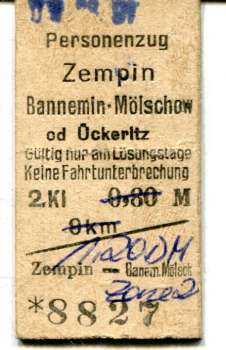 Fahrkarte Zempin – Bannemin-Mölschow od Ückeritz 1991