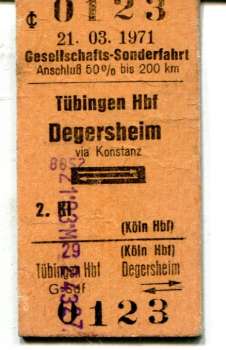 Fahrkarte Gesellschafts Sonderfahrt Tübingen – Degersheim 1971