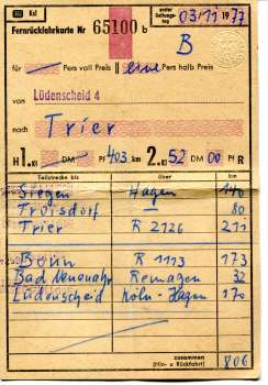 Fernrückfahrkarte Lüdenscheid – Trier 1977