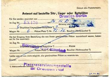 Antwort auf bestellte Platzkarten DR Dresden Berlin EX 170