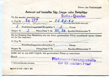 Antwort auf bestellte Platzkarten EX 177 Berlin Dresden 1982