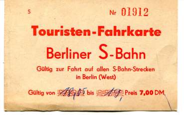 Touristen Fahrkarte S-Bahn Berlin West 7 DM