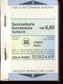 1 Block mit 50 Fahrscheinen BVG Berlin Kurzstrecke Tarifteil B 6,80 DM