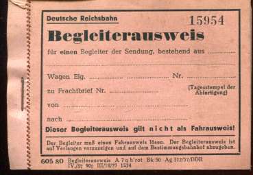 1 Block Deutsche Reichsbahn Begleiterausweis mit 46 Scheinen