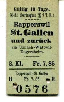 Fahrkarte Rapperswil – St. Gallen 2, Kl  ( 1911 – 1914 )