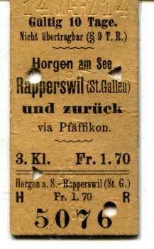 Fahrkarte Horgen am See – Rapperswil 3. Klasse 1914