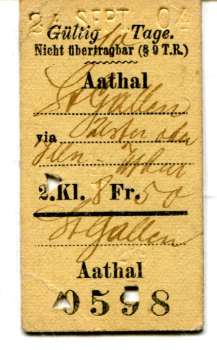 Fahrkarte Aathal – St. Gallen Handausgeschrieben 2. Klasse 1904