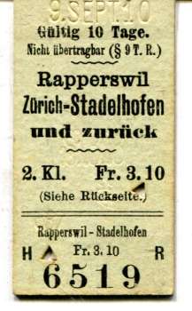 Fahrkarte Rapperswil – Zürich Stadelhofen 2. Klasse 1910