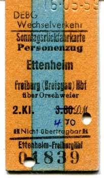 DEBG Wechselverkehr Fahrkarte Ettenheim – Freiburg 1959