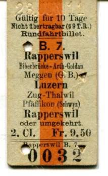 Fahrkarte Rundfahrtbillet Eapperswil – Arth-Goldau – Meggen – Luzern 2. Cl 1911