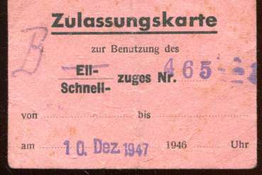 Zulassungskarte zur Benutzung des Schnellzuges 465Leipzig 1947