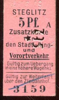 Zusatzkarte Berliner Stadt- Ring- und Vorortverkehr Steglitz 5 Pfennig 1909