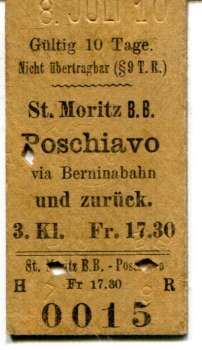 Fahrkarte St. Moritz – Poschiavo 3. Klasse 1910