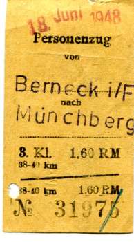 Fahrschein Berneck im Fichtelgebirge – Münchberg 1948