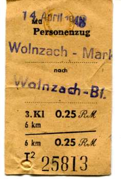 Fahrschein Wolnzach Markt – Wolnzach Bahnhof 0,25 RM 1948