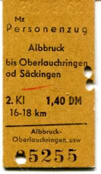 Fahrkarte Albbruck – Oberlauchringen Säckingen 1962