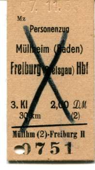 Fahrkarte Müllheim – Freiburg 3. Klasse