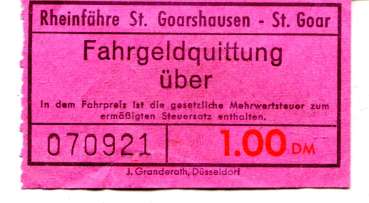 Fahrschein Rheinfähre St Goarshausen – St Goar 1 DM