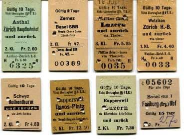 8 Fahrkarten Schweiz, teilweise geknickt und halbe Karten