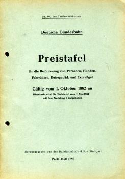 Preistafel DB 1962