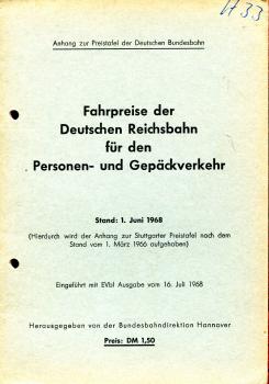 Preistafel DB 1968 für Strecken der Reichsbahn