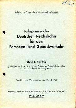 Preistafel DB 1968 für Strecken der Reichsbahn
