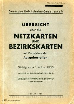 Übersicht über die Netzkarten und Bezirkskarten mit Verzeichnis der Ausgabestellen 1933