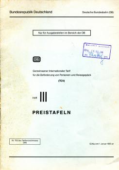 Preistafeln Gemeinsamer internationaler Tarif 1985 DB