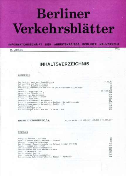 Berliner Verkehrsblätter Inhaltsverzeichnis 1990