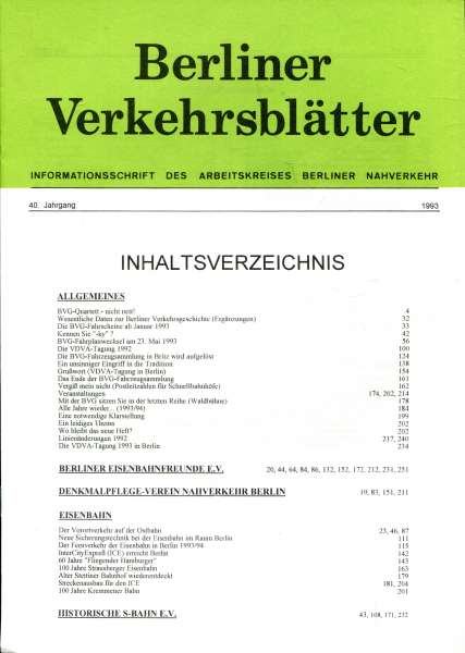 Berliner Verkehrsblätter Inhaltsverzeichnis 1993