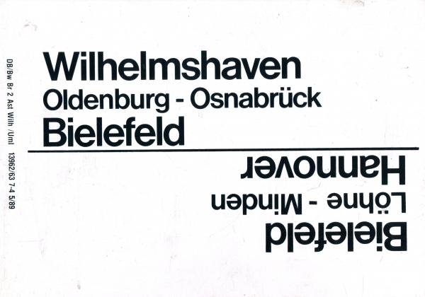 Zuglaufschild Wilhelmshaven – Bielefeld / Hannover / Rückseite Bielefeld – Altenbeken / Hannover