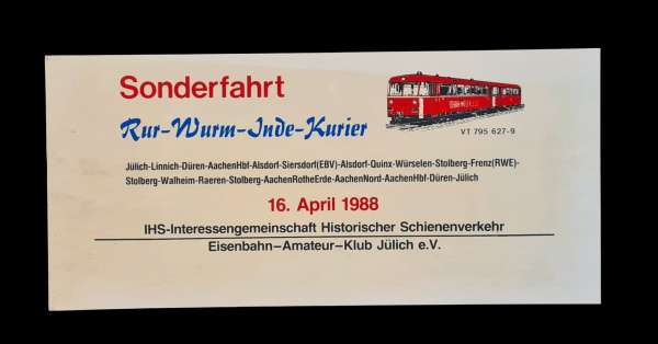 Zuglaufschild Sonderfahrt Rur-Wurm-Inde Kurier Jülich Aachen 1988