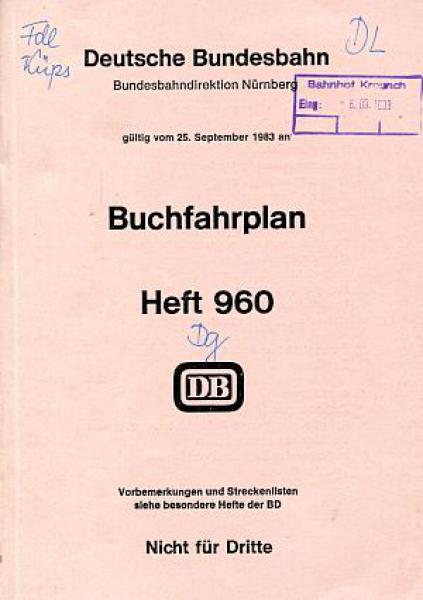 Buchfahrplan DB 960 1983 Nürnberg Passau Würzburg Crailsheim Baureihen 194, 144