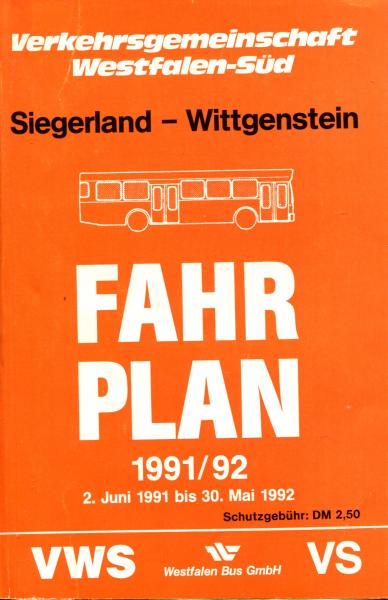 Fahrplan Verkehrsgemeinschaft Westfalen Süd Siegerland – Wittgenstein 1991 / 1992