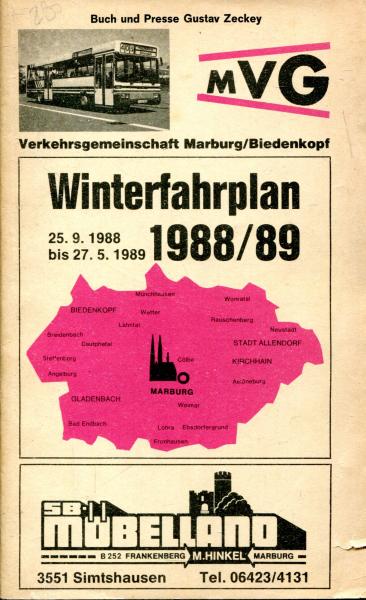 Fahrplan Verkehrsgemeinschaft Marburg Biedenkopf 1988 / 1989