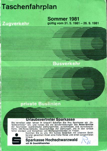 Taschenfahrplan Badische Zeitung Freiburg Schwarzwald 1981