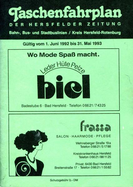 Taschenfahrplan Hersfelder Zeitung Kreis Hersfeld-Rotenburg 1992 / 1993