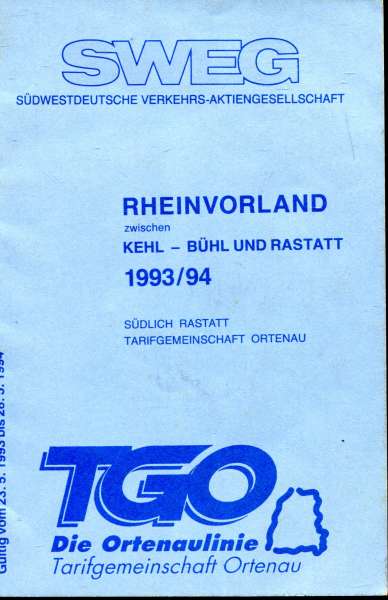 SWEG Taschenfahrplan Rheinvorland Kehl – Bühl – Rastatt 1993 / 1994