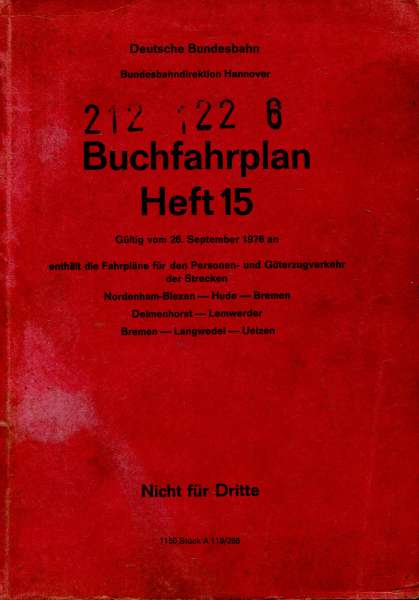 Buchfahrplan Heft 15 BD Hannover 1976 Nordenham-Blexen Hude Bremen Lemwerder Uelzen Bremen Langwedel
