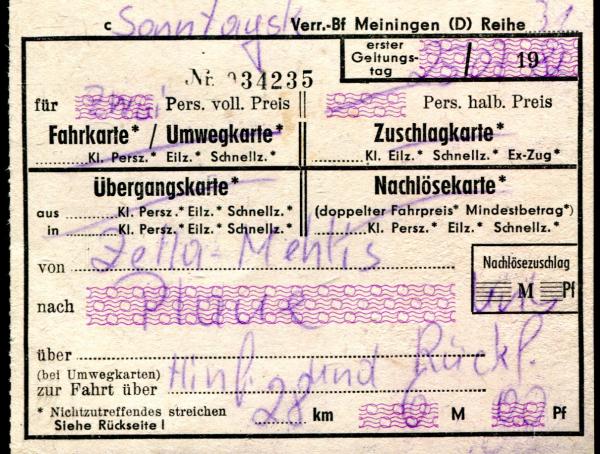 DR Fahrschein Zella-Mehlis – Plaue