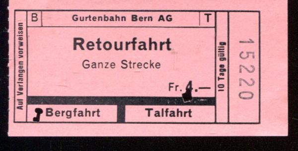 Fahrschein Retourfahrt Gurtenbahn