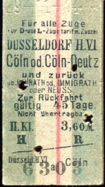 Fahrkarte Düsseldorf – Cöln oder Deutz 1904 II Klasse