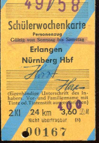 Schülerwochenkarte Erlangen – Nürnberg 1956